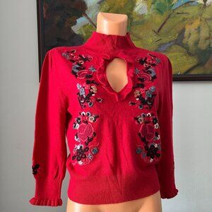 Nanette Lepore NWT Red Wool SHANGHAI ROSE Keyhole Sweater, sz L